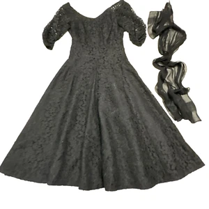 Vintage 1940s 1950s Black Lace Party Dress XS w/ Sheer Scarf - Picture 1 of 7