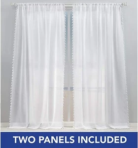 2 Panels - SoHome Sheer Tassel Trimmed White Linen Curtain 54 in. W x 108 in. L - Picture 1 of 6