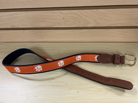 University Clemson Tigers Mens Leather Canvas Woven Ribbon Belt Size 30 Cover