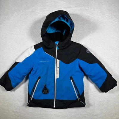 Chaqueta de esquí Obermeyer para niños azul negro blanco con capucha aislada talla 3 Foto 1 de 4