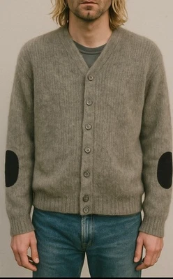 Vintage 60s Wool Mohair Shag Knit Kurt Cobain Cardigan Sweater M Elbow Patches - Image 1 of 4