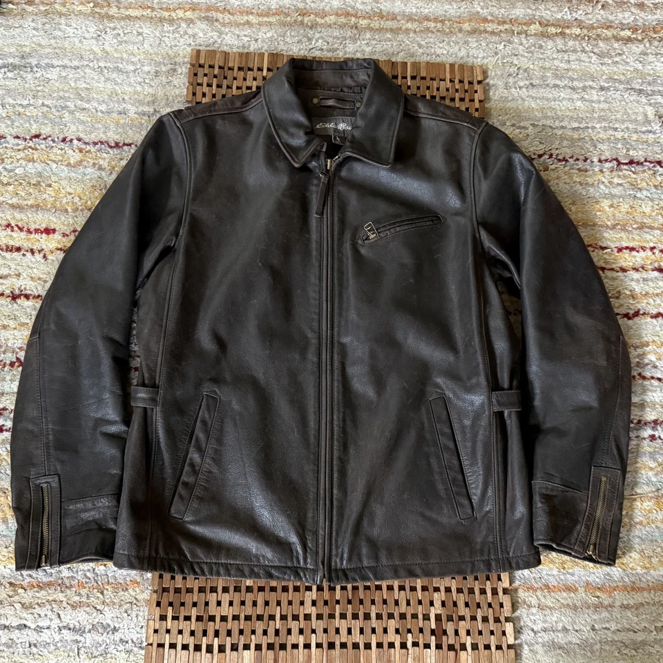 Chaqueta Eddie Bauer Cuero Cinturón Café Corredor Motocicleta Moto Marrón Grande Alta Foto 1 de 3