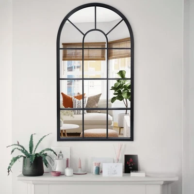Arched Window Mirror Black Metal Frame Wall Mounted Decorative Mirror Windowp... - Image 1 of 4