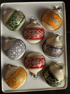 Vintage Pyramid 8 Ornaments Milk Glass Stencil w/Red Blue Yellow Orange 2.25" - Picture 1 of 9