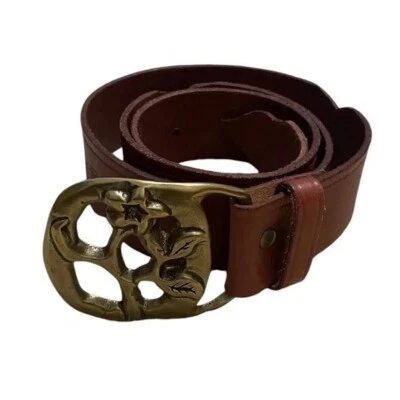 Cinturón de cuero hecho a mano Linea Pelle marrón; hebilla floral de latón, mediano (nuevo sin etiquetas) Foto 1 de 4