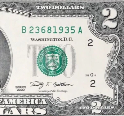 TRAILING YEAR 1935 (B 2368 1935 A) $2 Two Dollar Bill Serial Number 2009 *UNC* - Image 1 of 3
