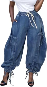 Oversize Baggy Cargo Jeans for Women High Waist String Denim Joggers Loose Wide - Picture 1 of 6