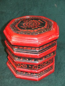 Large Antique Asian Octagonal Woven Bamboo Container with tray - Picture 1 of 14