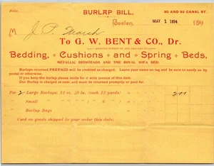 Boston, MA G.W. Gebogene Bettwäsche Kissen Federbetten Sackleinen 1894 Billhead rar - Bild 1 von 2