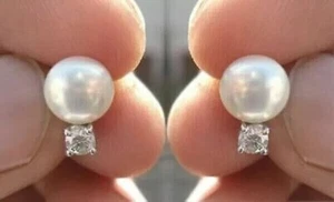 2Ct Round Simulated Diamond Pearl Solitaire Stud Earrings 14k White Gold Finish - Picture 1 of 7