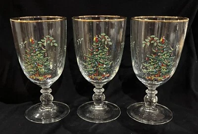 Spode Christmas Tree 16 Ounces 7”  Pedestal Goblets with Gold Rims, Set of 3 - Image 1 of 4