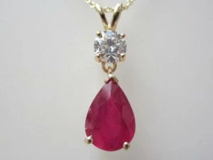 14k. Yellow Gold Drop Shape Ruby and Diamond Pendant, 1.95 Carats TWT. Vintage - Picture 1 of 12