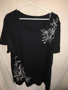 WOMENS BLACK WHITE COTTON BLOUSE T SHIRT TOP TUNIC CASUAL CAREER SIZE 2X 52" - Picture 1 of 4