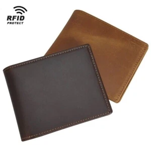 Mens Vintage Leather Wallet Full Grain Anti RFID  Short Bi-Fold - Picture 1 of 9