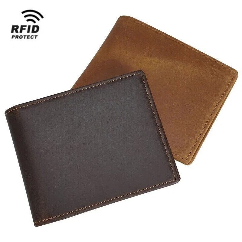 Mens Vintage Leather Wallet Full Grain Anti RFID  Short Bi-Fold - Image 1 of 4