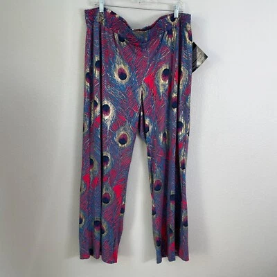 NEW IMAN Womens Plus 2XP Wide Leg Pants Peacock Feather Design Stretch Pull On - Image 1 of 4