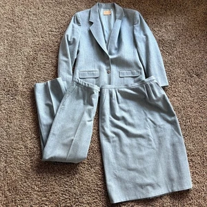 Women's Vintage 80's Pendleton Wool Light Blue Full Suit Set Pants Skirt Sz 12  - Picture 1 of 9
