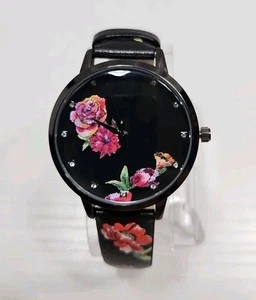 Rose Motif Floral Face And Band Women's Jeweled Watch Black 38mm - New Battery - Picture 1 of 7