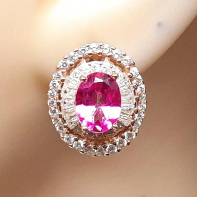 4.11ctw Pink Topaz & White Sapphire Baguette 14K Rose Gold 925 Silver Earrings - Image 1 of 4