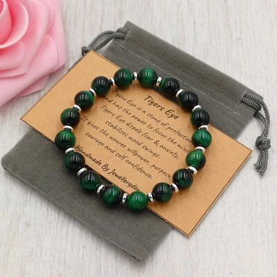 ЗЕЛЕНЫЙ тигр глаз браслет эластичной ручной работы + подарочная сумка и карта драгоценный камень 6/8 мм - Изображение 1 из 4