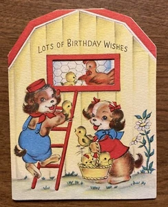 Tarjeta de felicitación de feliz cumpleaños de colección de los años 40 perros poniendo pollos en granero P1G - Imagen 1 de 12