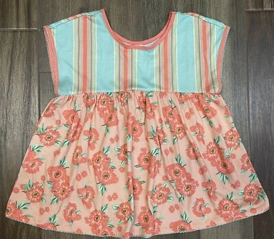 Matilda Jane Girl's 14 Garden Dreams Pajama Top Floral Stripe Aqua Peach - Image 1 of 3