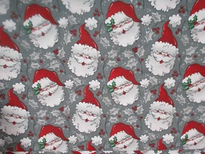1 Fat Quarter Cotton Fabric Santa Faces & Holly on Gray with Silver Accents - Picture 1 of 4