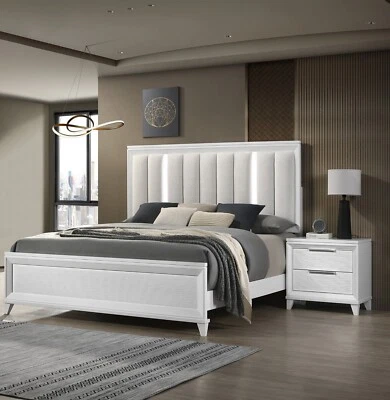 3Pc White Finish King Size Bedroom Set LED Light HB Bed 2x Nightstand Wooden - Image 1 of 4