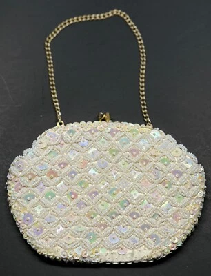 Vintage Small Cream White Sequin Evening Bag Gold Chain Hong Kong Kiss Lock - Image 1 of 4