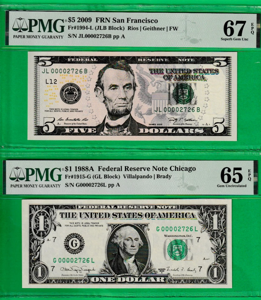 2009  $5  & 1988A  $1  Federal Reserve Notes MATCHING LOW Serial /N 00002726 - Image 1 of 2