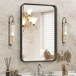 Black Metal Framed Mirror Rectangle Wall Mount Bathroom Anti-Rust Vanity Mirror - Picture 1 of 16