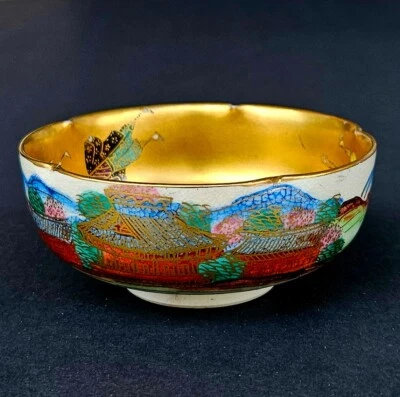 Antiguo cuenco japonés Meiji período Satsuma dorado pesado con samurai Foto 1 de 4