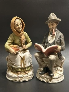 Vintage Old Man Reading and Woman Farmer Basket Couple Porcelain Figurines Bench - Picture 1 of 14