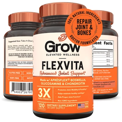 Grow FlexVita - Glucosamina Condroitina MSM Cúrcuma Boswellia 120 Cápsulas Foto 1 de 4