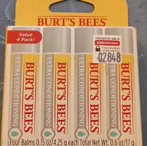 3 x Burt's Bees Lip Balm Moisturizing Lip Care Ultra Conditioning 4 Pack - Picture 1 of 1