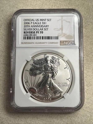 2006-P AMERICAN SILVER EAGLE 20th ANNIVERSARY REVERSE PROOF, PERFECT NGC PF70 - Image 1 of 2