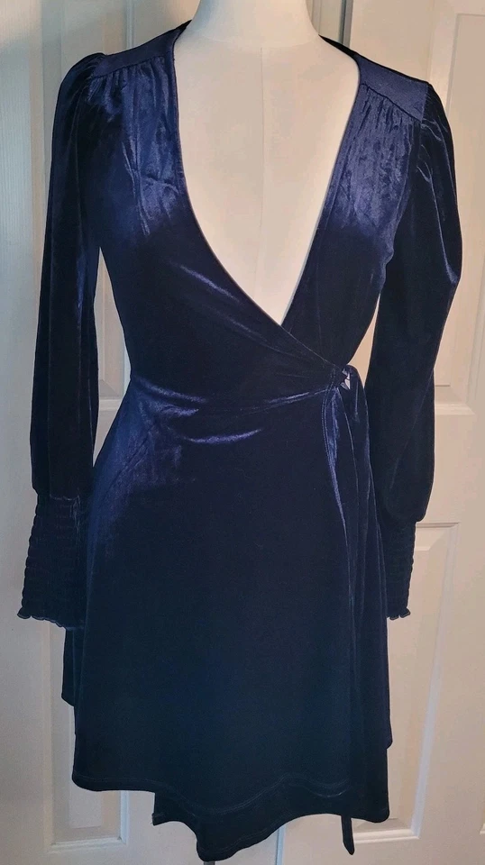 Wrap Dress Size M Velvet Whimsigoth Navy Blue Smocked Long Sleeve V-Neck Stretch - Image 1 of 4