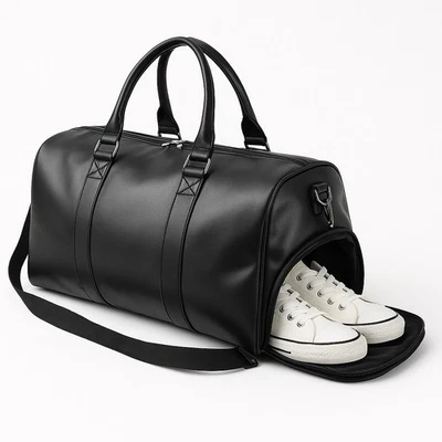 Luxury Black Leather Duffel Bag with Shoe Compartment - Image 1 of 2