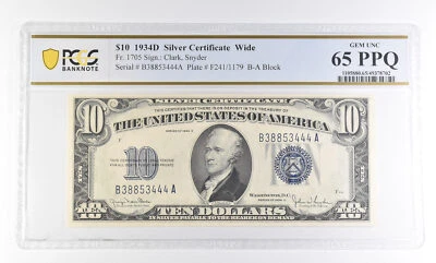 1934 D $10 Silver Certificate Wide Fr#1705 Gem Unc 65 PPQ PCGS *2759 - Image 1 of 3