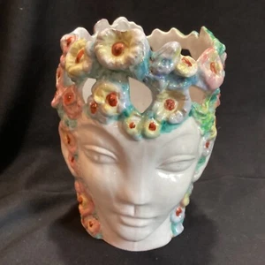 Vintage MCM Italy Pottery Sicilian Moor's Head Vase Sculpture Lady Floral Crown - Picture 1 of 10