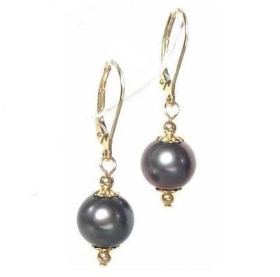 Pendientes con palanca trasera rellenos de oro de 14K de perlas negras genuinas de 9-10 mm Foto 1 de 2