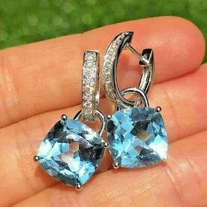 0.50ct Diamante Redondo Natural 14k Oro Blanco Topacio Azul Bodas Aros Pendiente - Imagen 1 de 3