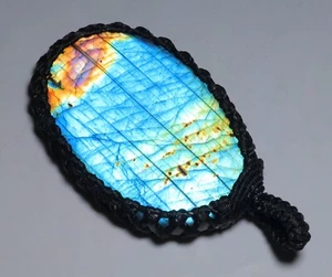 202 CT MACRAME OVAL PENDANT 100% NATURAL MULTI FIRE LABRADORITE GEMSTONE AA-02 - Picture 1 of 6
