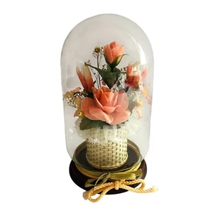 Vintage Glass Cloche Dome Terrarium Peach Roses Basket Wood Base Taiwan 7 Inch - Picture 1 of 6