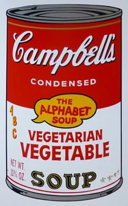 ANDY WARHOL CAMPBELLS' VEGETARIAN VEGETABLE ALPHABET SOUP Can SUNDAY B.MORNING - Picture 1 of 5