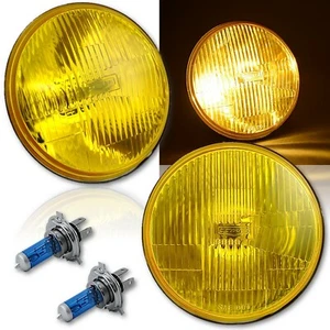 7" Yellow Amber Stock Glass Lens Headlight H4 Halogen Fog Light Pair Fit 76-2016 - Picture 1 of 12