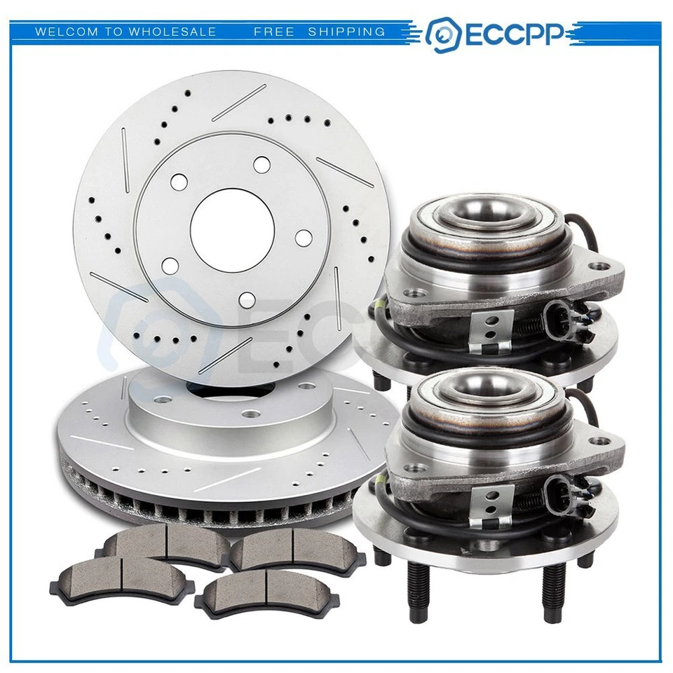 Front Drill Brake Rotors Ceramic Pads & Wheel Hub Bearings For 97-03 GMC Jimmy - Imagem 1 de 4