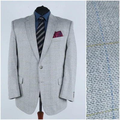 Mens Windowpane Wool Silk Blazer 50R UK Size Check Light Grey Sport Coat Jacket - Image 1 of 4