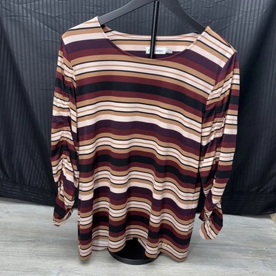 Calvin Klein Performance Large Maroon black pink stripe ruched 3/4 sleeve Top - Image 1 of 4