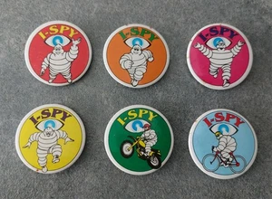 Vintage Michelin Man BIBENDUM I Spy Pin Badge 70s 80s Full Set - Picture 1 of 7